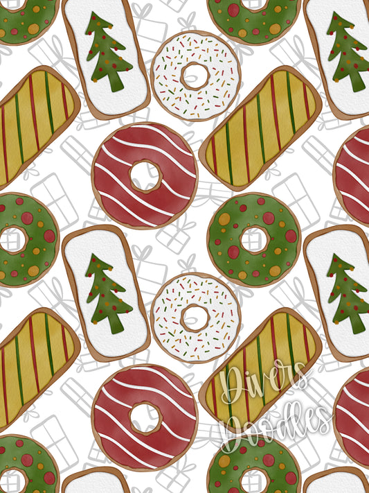 Christmas Donut Digital Paper, Holiday Dessert Seamless File For Fabric, Christmas Seamless Pattern PNG, Surface Pattern Design