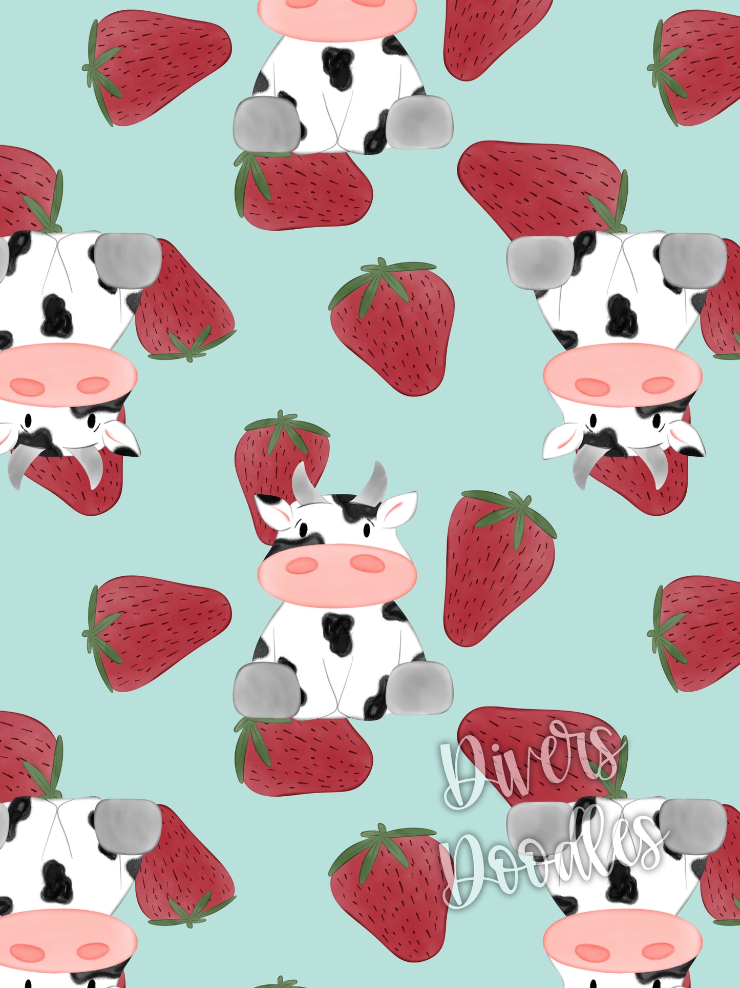 Cow Seamless File for Fabric, Hand Drawn Seamless Patterns, Strawberry Digital Paper for Commercial Use, Baby Coming Home, Watercolor