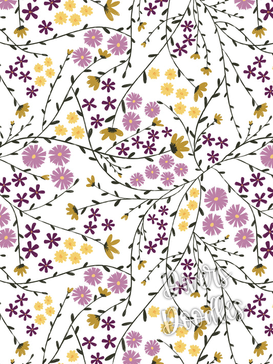 Fall Floral Seamless Pattern, Yellow and Purple Flower Digital paper and Fabric Design. Free Commercial Use.