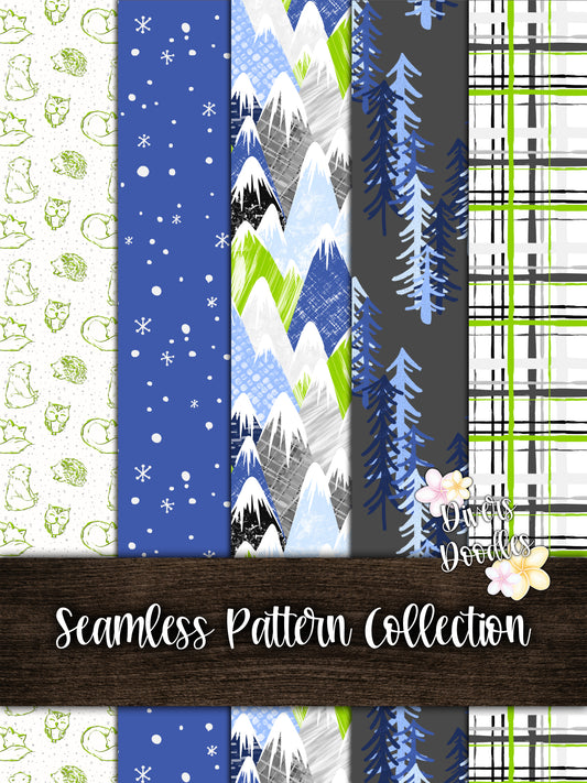 Blue and Green Textured Mountain Seamless Pattern Collection