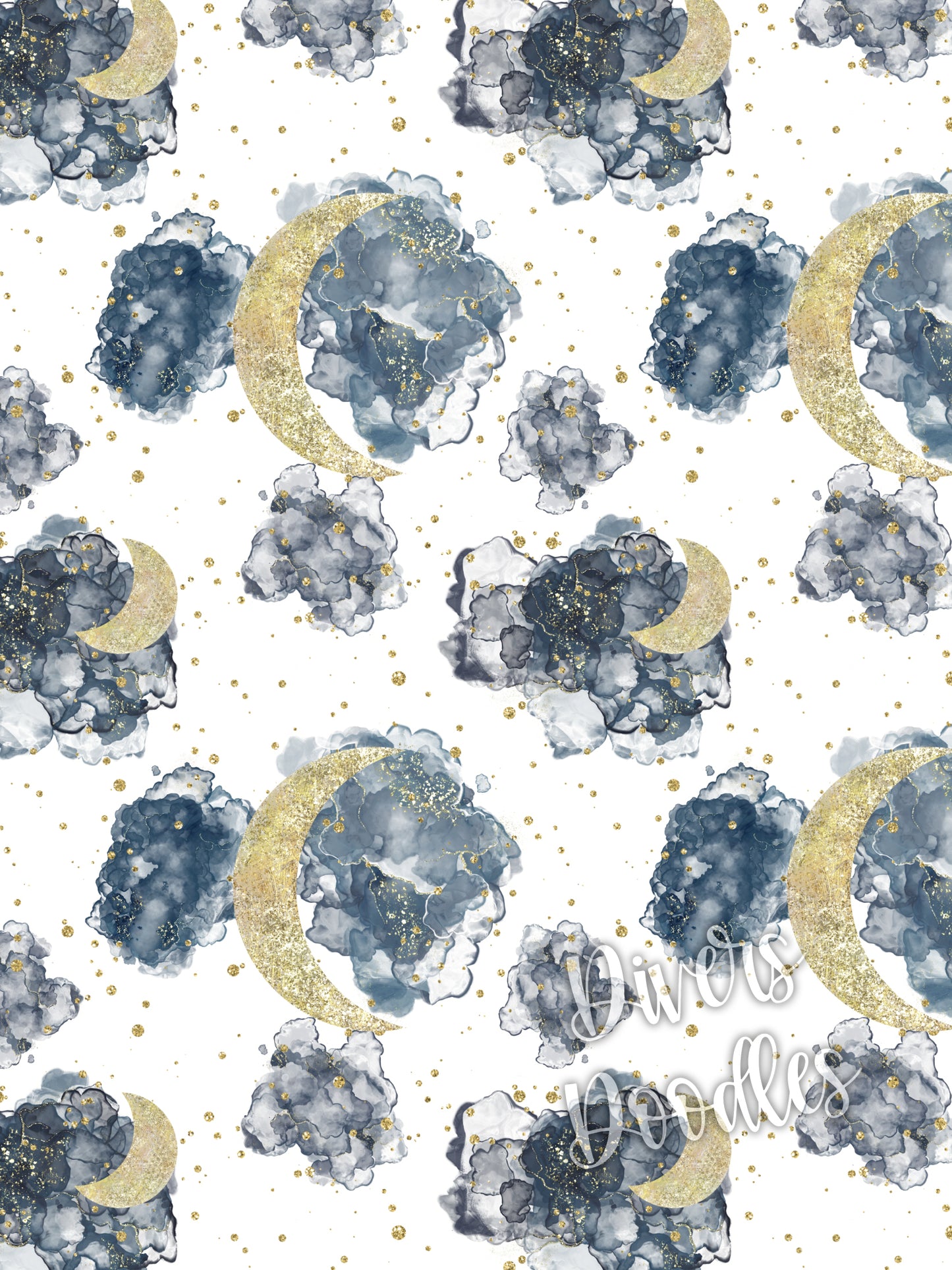 Glitter Moon and Stars Seamless Pattern, Alcohol Ink Digital Paper and Fabric Design. Free Commercial Use.