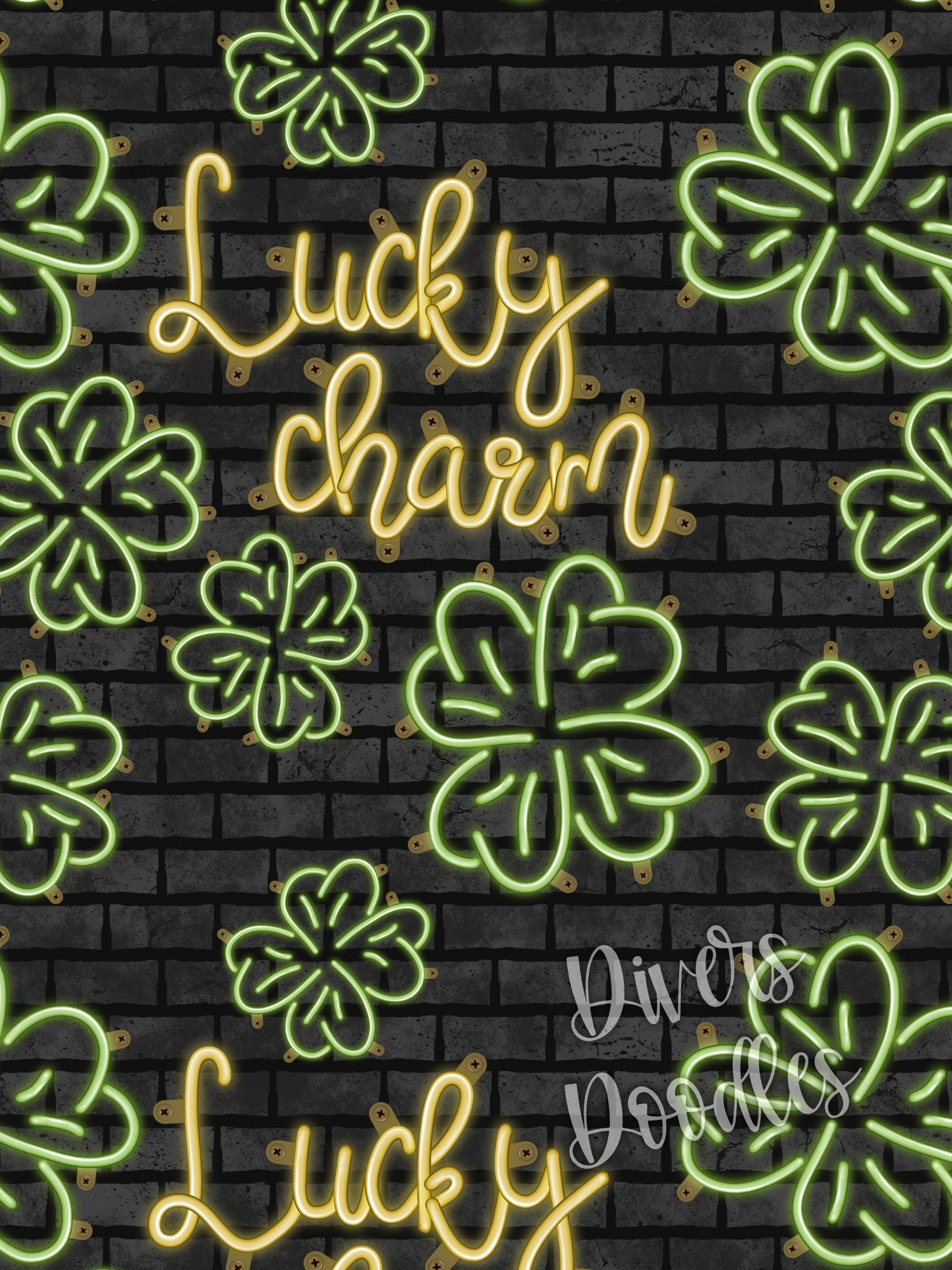 St Patricks Day Digital Paper, Lucky Charm Seamless File, Spring Seamless Pattern, Four Leaf Clover PNG, Neon Digital Paper for Boy