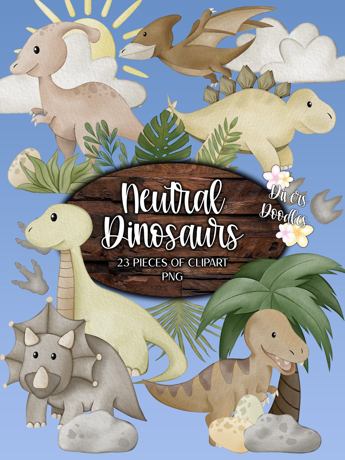 Dinosaur Scene Clipart, Watercolor Dinosaur Clipart, High Resolution PNG, Triceratops Drawing, Dino Illustration, Nursery Decor Neutral