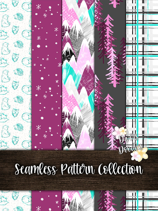 Pink and Blue Textured Mountain Seamless Pattern Collection