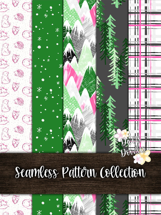 Green and Pink Textured Mountains Seamless Pattern Collection