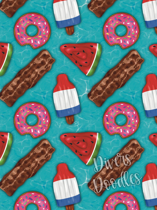 Pool Party Digital Paper, Summer Seamless File For Boys, Food Seamless Pattern, Hand Drawn Digital Download, Pool Float Surface Pattern