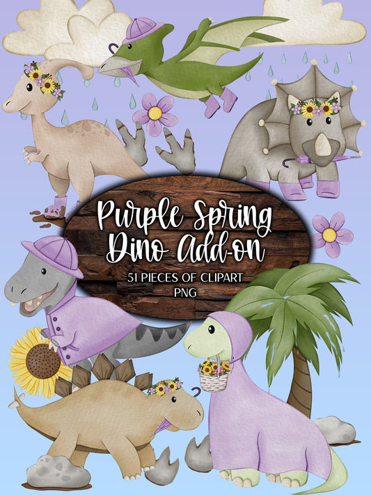 Watercolor Dinosaur Clipart For Card Making, Spring Clipart Set For Stickers, Cute Dinosaur Clipart For Kids, Purple Hand Drawn Clip Art
