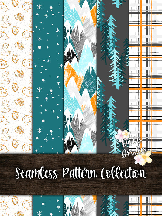 Orange and Teal Textured Mountain Seamless Pattern Collection