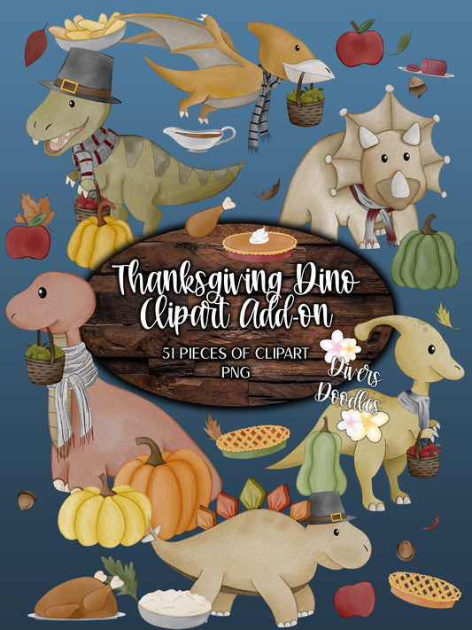 Thanksgiving Dinosaur Clipart PNG, Watercolor Digital Art, Autumn Clipart Bundle, Build A Scene Clipart, Thanksgiving Food Clip Art