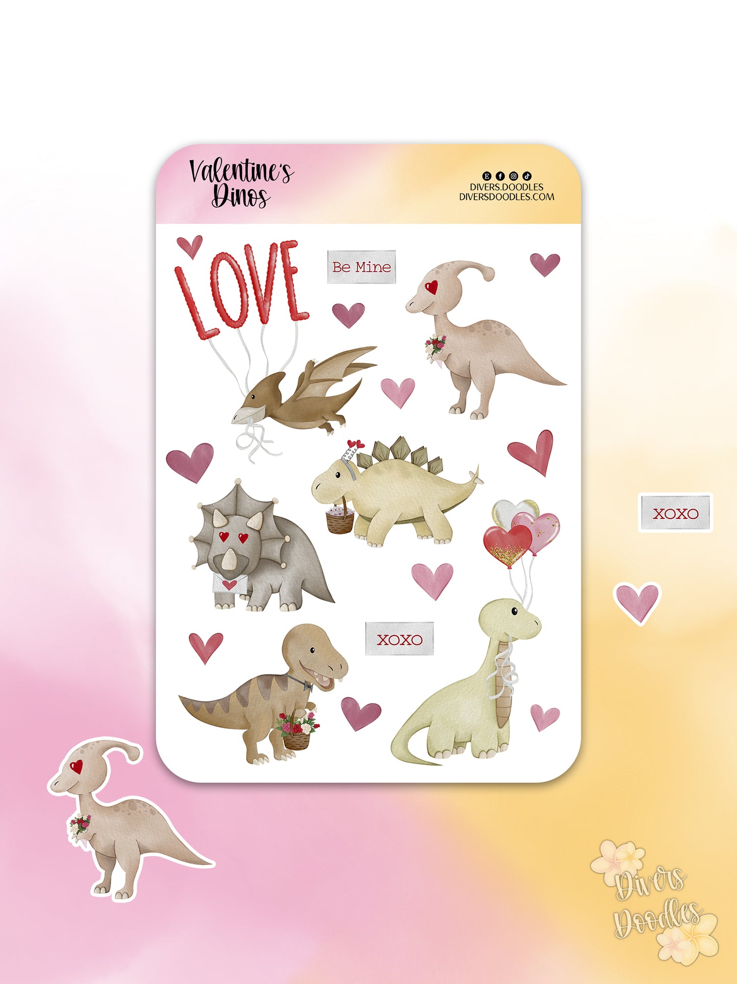 Valentines Day Dinosaur Sticker Sheet for Journaling, Cute Dino Sticker Sheet for Planners or Crafts