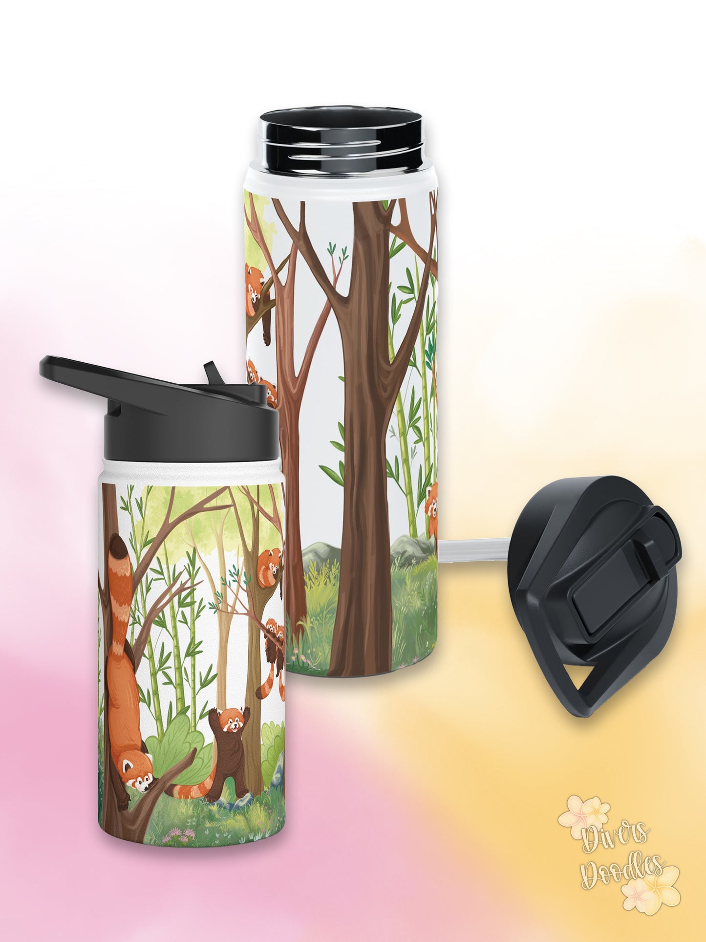 Red Panda Stainless Steel Water Bottle with Straw