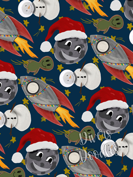 Space Seamless Pattern for Boys, Christmas Seamless File for Fabric, Moon Digital Paper for Scrapbooking, Funny Christmas PNG, Rocket Ship
