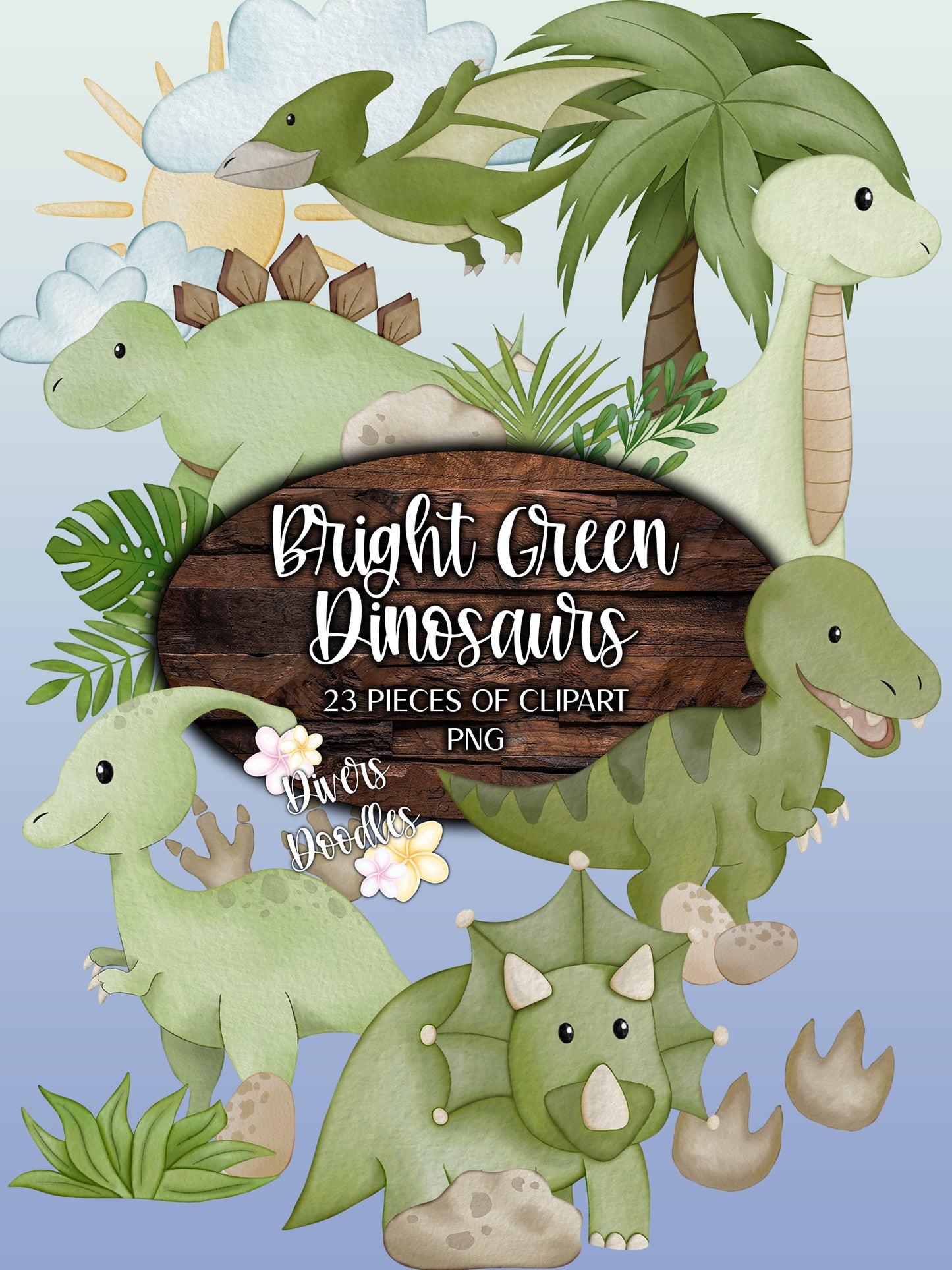 Dinosaur Scene Clipart, Watercolor Dinosaur Clipart, High Resolution PNG, Triceratops Drawing, Dino Illustration, Dinosaur PNG, T-Rex