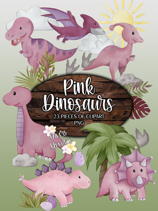 Dinosaur Clipart PNG, Pink Dinosaur Scene Clipart, Watercolor Dinosaur Clipart, Cute Dinosaur PNG, Triceratops Drawing, Build Your Own