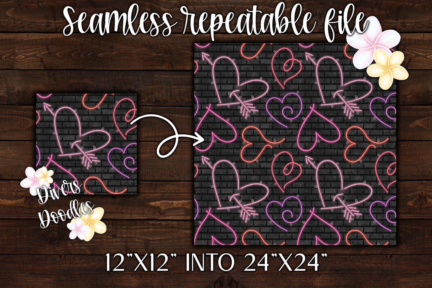 Valentines Day Seamless Pattern, Neon Digital Scrapbook Paper, Hearts Seamless File, Pink and Purple Digital Paper, Heart Neon Light,