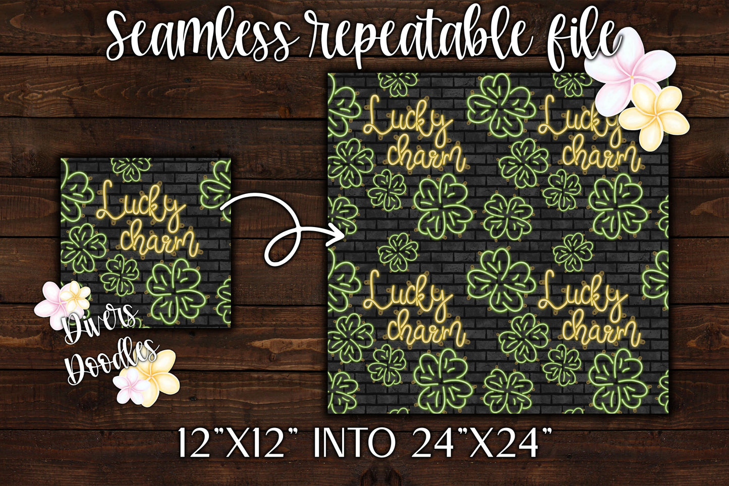 St Patricks Day Digital Paper, Lucky Charm Seamless File, Spring Seamless Pattern, Four Leaf Clover PNG, Neon Digital Paper for Boy