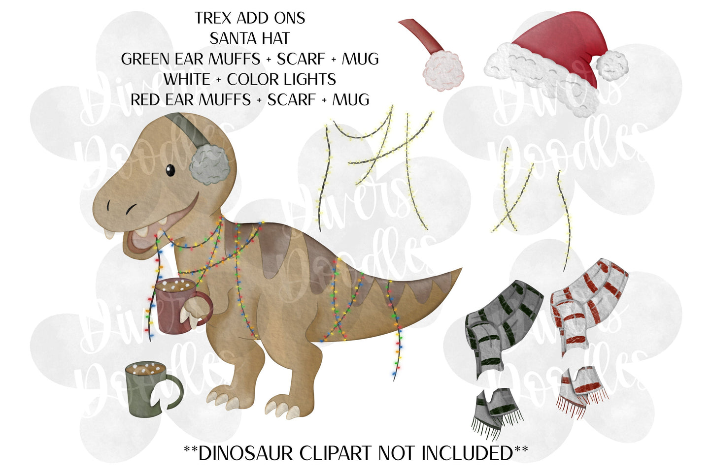 Christmas Dinosaur Clipart, Christmas Lights PNG, Dino Clipart, Clipart for Teachers, Dinosaur PNG Files, High Resolution PNG, Holiday