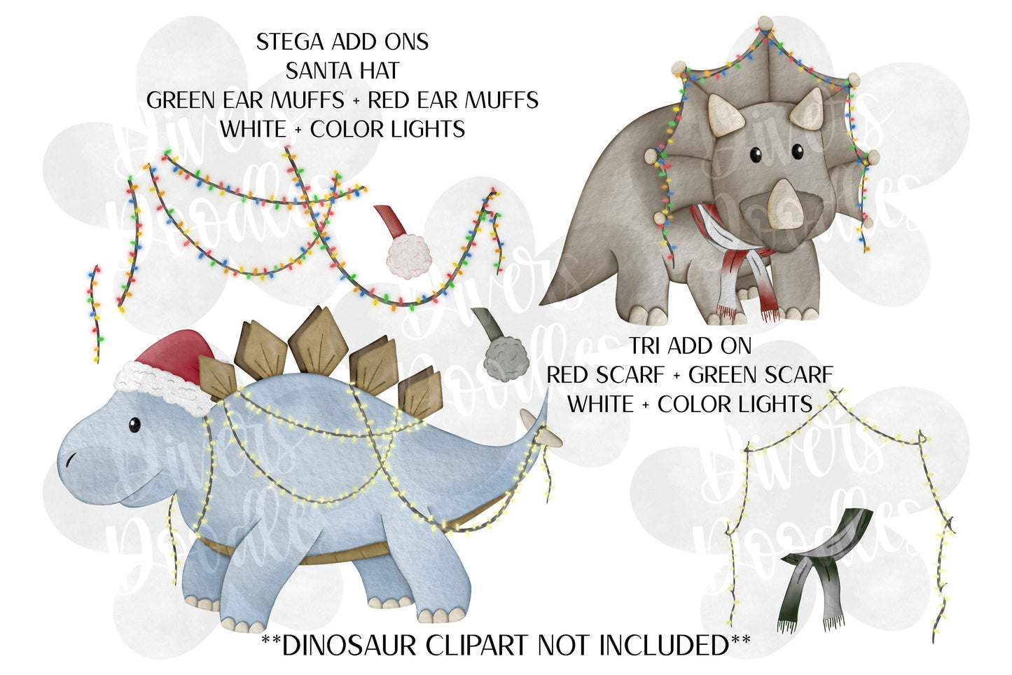 Christmas Dinosaur Clipart, Christmas Lights PNG, Dino Clipart, Clipart for Teachers, Dinosaur PNG Files, High Resolution PNG, Holiday