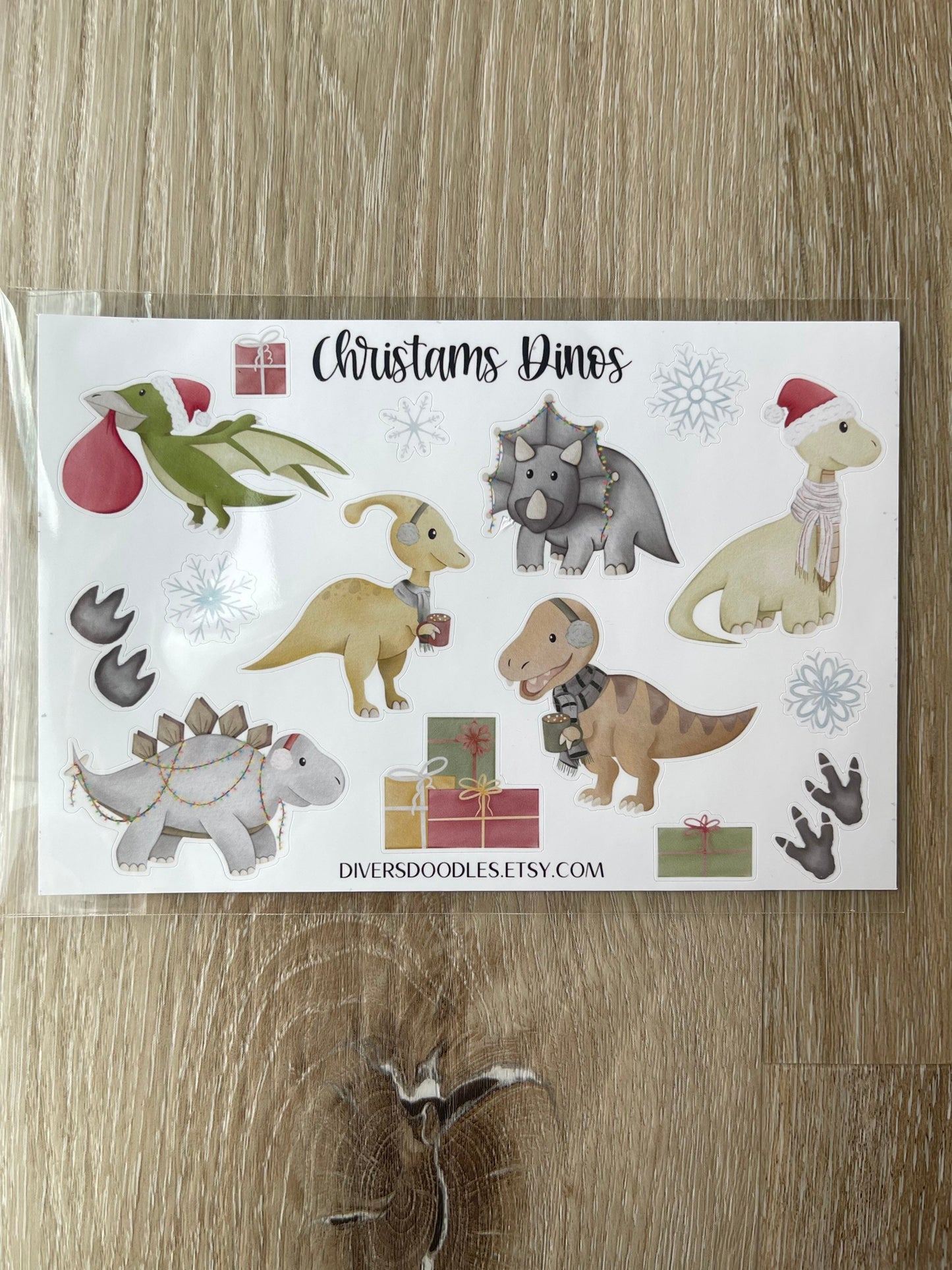 Dinosaur Sticker Sheet, Matte Stickers for Planners, Christmas Stickers for Envelopes, Dinosaur Stocking Stuffers for Kids