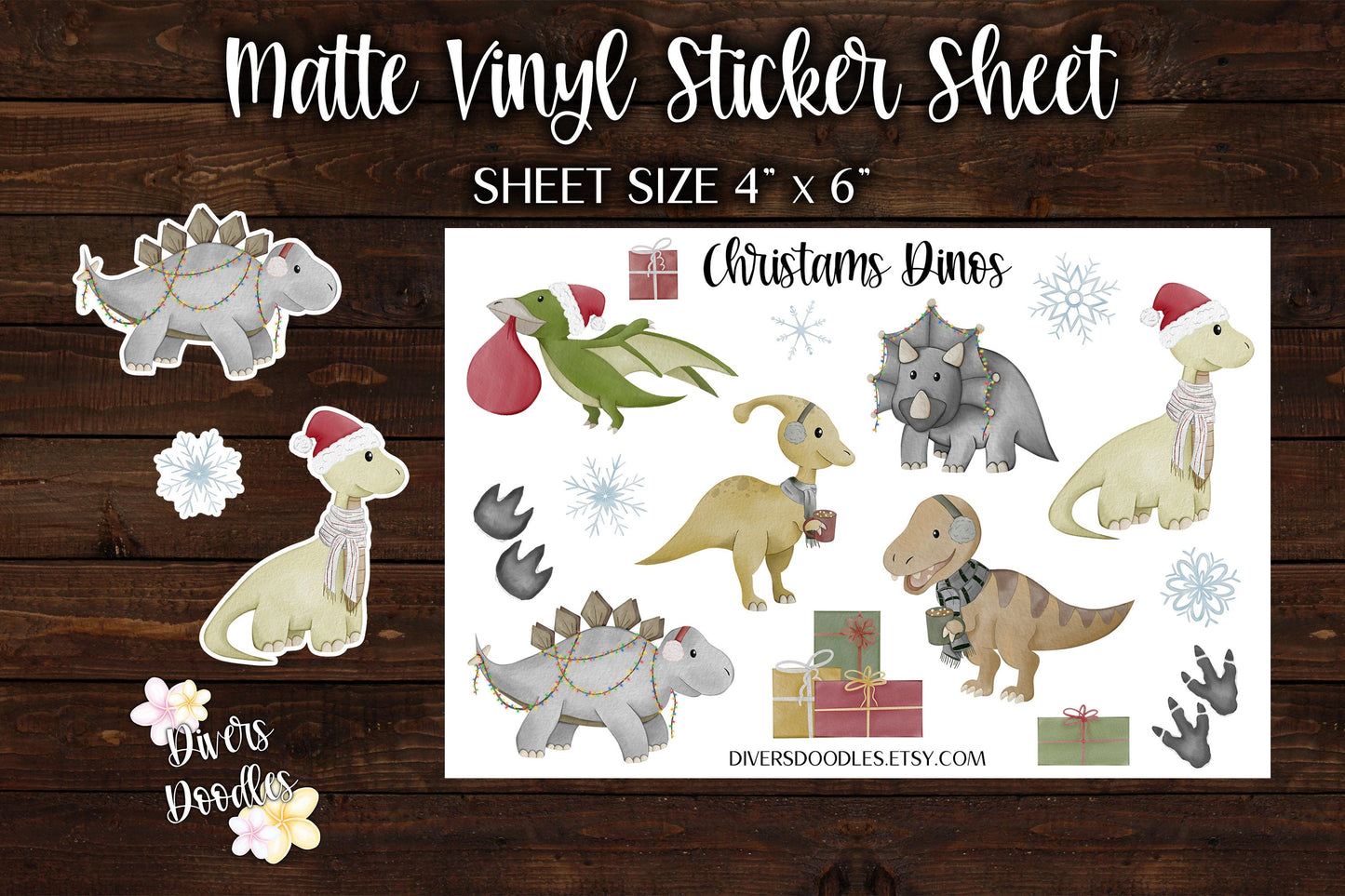 Dinosaur Sticker Sheet, Matte Stickers for Planners, Christmas Stickers for Envelopes, Dinosaur Stocking Stuffers for Kids