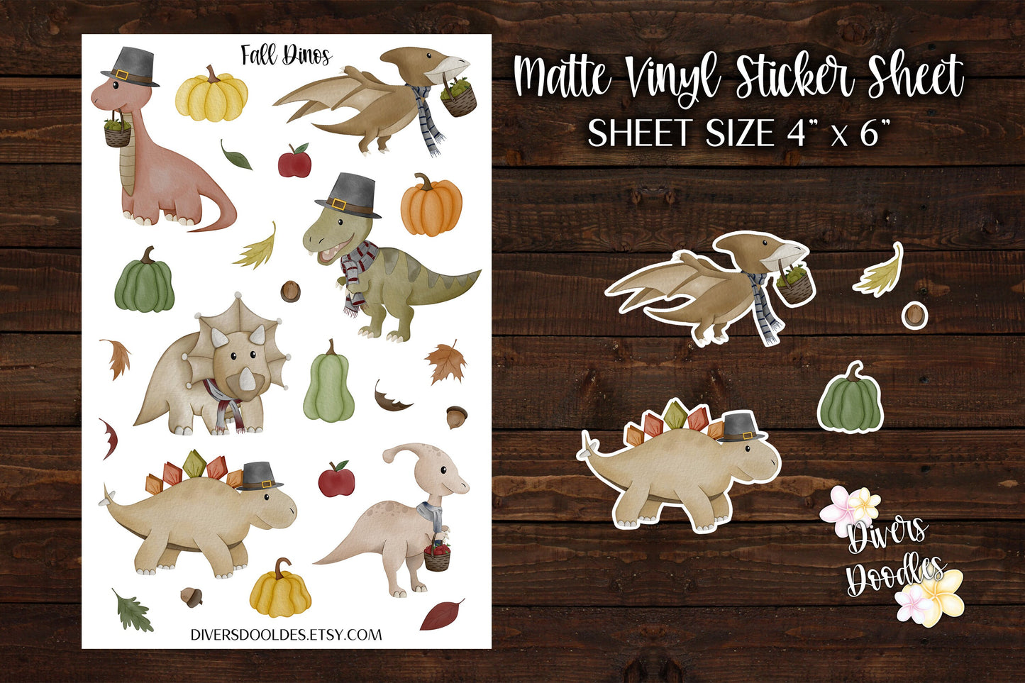 Dinosaur Sticker Sheet, Matte Stickers for Planners, Autumn Stickers for Scrapbooking, Fall Stickers for Kids, Vinyl Stickers for Laptop